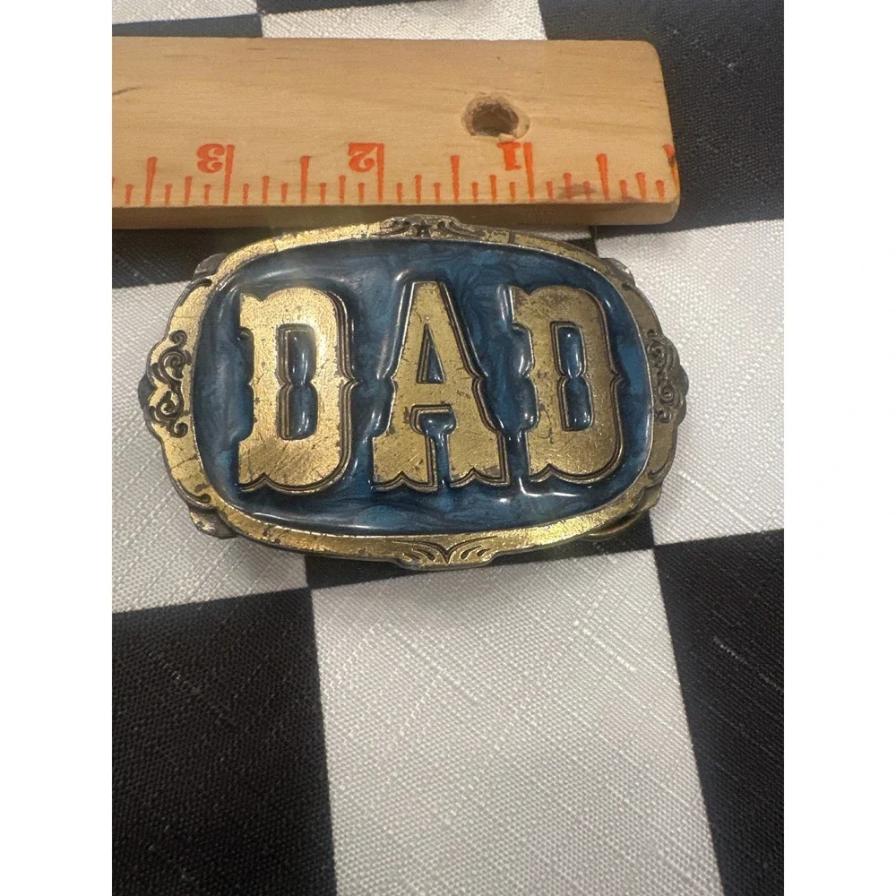 Vintage 1985 Great American Buckle Co DAD Brass Blue western Belt Buckle USA